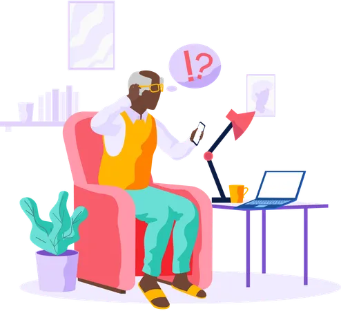 Elder man learns new technologies and communicate through laptop  Illustration
