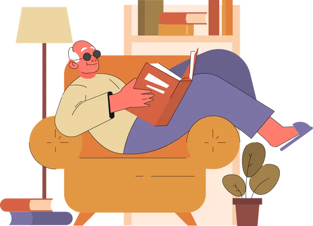 Elder man reading book while seated on couch  Illustration