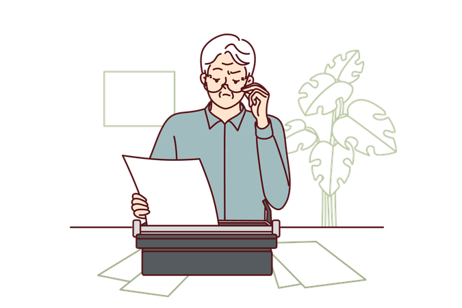 Elder man uses typewriter  Illustration