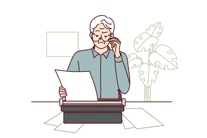 Elderly Man Uses Typewriter And Works As Writer Wanting To Publish Own Book Of Fiction Gray Haired Pensioner Stands At Table With Papers And Typewriter Using Old Fashioned Typing Equipment Illustration