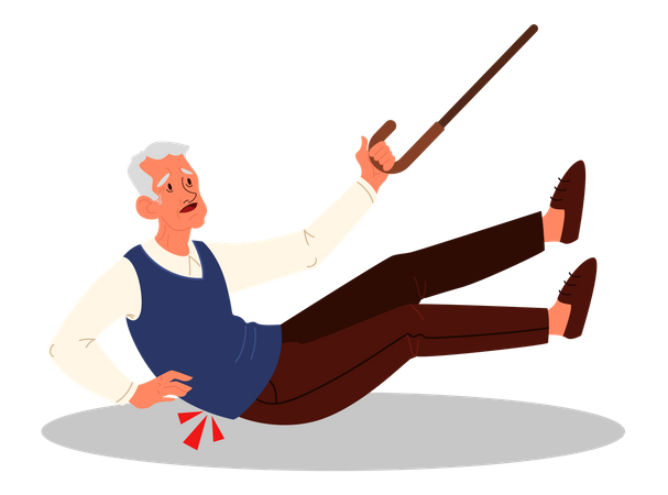 Elder man with cane falling down Illustration