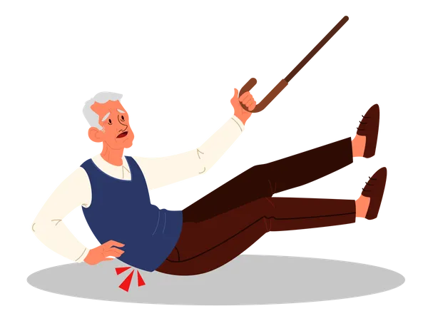 Retired Men Falling Down Elderly Person With Cane On The Floor Pain And Injury Vector Illustration In Cartoon Style Illustration