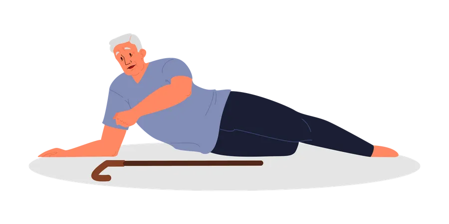 Retired Men Fell Down Elderly Person With Cane On The Floor Pain And Injury Vector Illustration In Cartoon Style Illustration