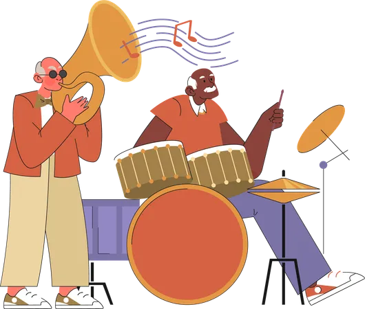 Elder men playing musical instrument in the band  Illustration