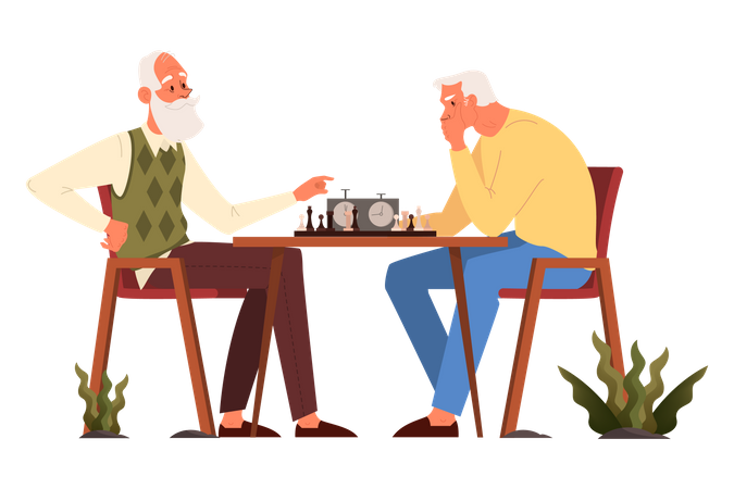 Elder men sitting at the table with chessboard  Illustration