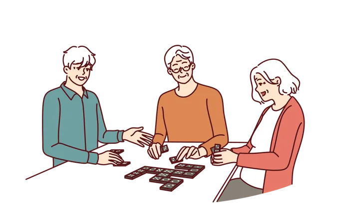 Elderly People Play Dominoes Undergoing Rehab At Nursing Home Or Having Sunday Get Together With Friends Men And Women Are Sitting At Table Enjoying Game Of Dominoes With Former Colleagues Illustration