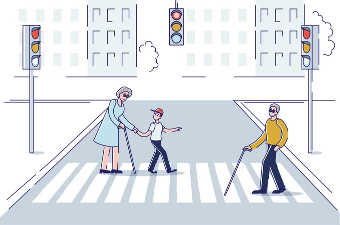 Aged People Walking In City Using Stick For Support Crossing Street In Crosswalk Senior Lady With Grandson And Older Blind Man On Walk Linear Vector Illustration Illustration