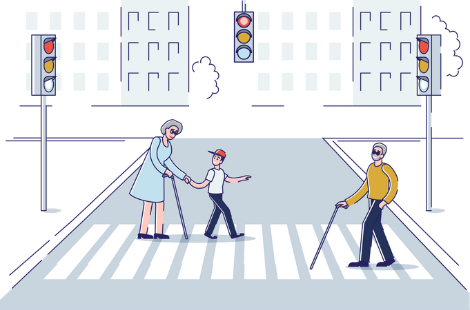 Elder people crossing road while boy helping them  Illustration