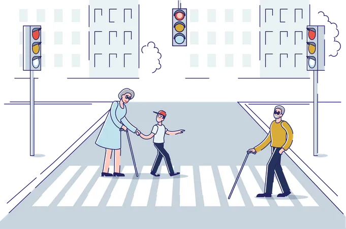 Elder people crossing road while boy helping them  Illustration