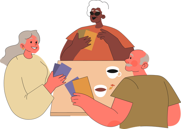 Elder people playing card game together while enjoying cup of coffee  Illustration