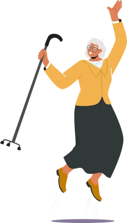 Elder woman celebrating and jumping in air  Illustration