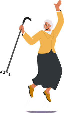 Elder woman celebrating and jumping in air  Illustration