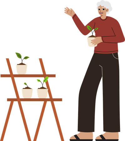 Elder woman is doing gardening  Illustration