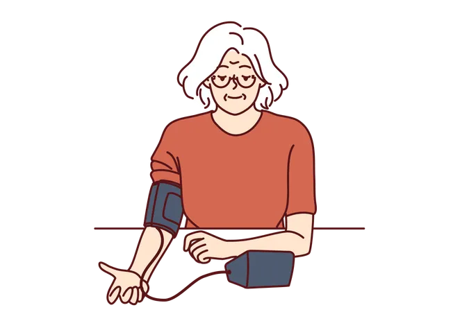 Elderly Woman Uses Tonometer To Measure Blood Pressure And Check For Symptoms Of Hypertension Gray Haired Grandmother Independently Measures Blood Pressure Taking Care Of Own Health Illustration