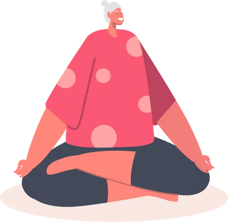 Elderly Female Character Meditating In Lotus Pose Old Woman Yoga Healthy Lifestyle Relaxation Emotional Balance Positive Mood Isolated On White Background Cartoon People Vector Illustration Illustration