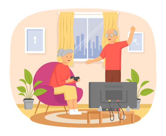Elder woman playing video game while old man watching Illustration