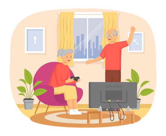 Elder woman playing video game while old man watching  Illustration