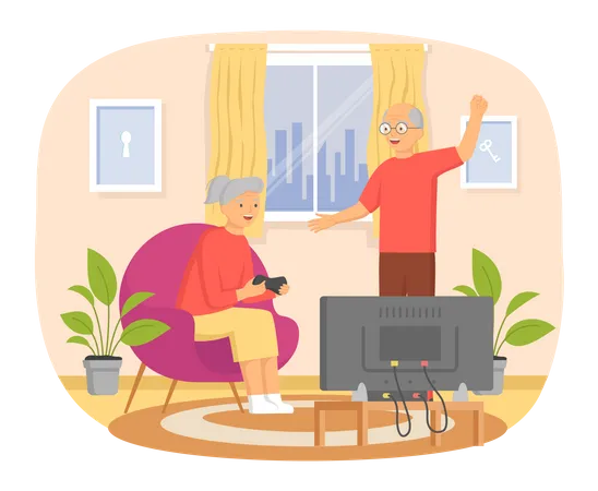 Elder woman playing video game while old man watching  Illustration