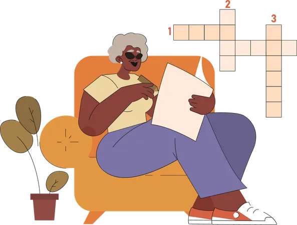 Elder woman solving word puzzle game on newspaper  Illustration