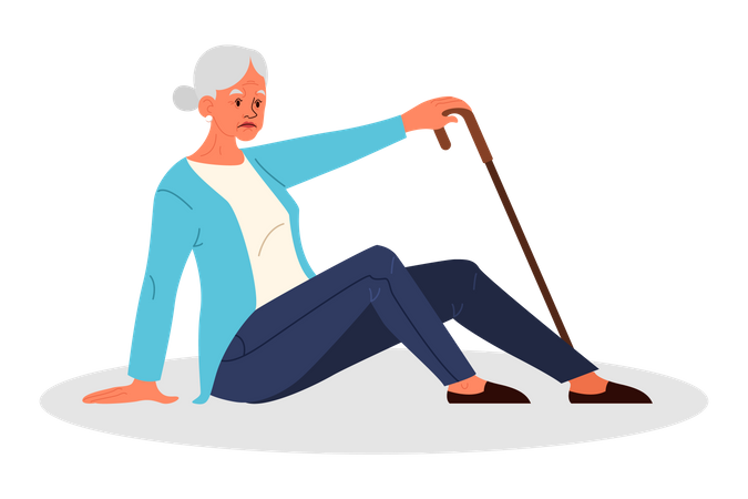 Elder woman with cane fell down  Illustration