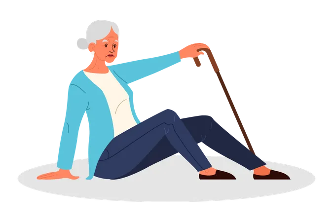 Elder woman with cane fell down  Illustration