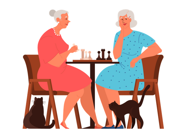 Elder women sitting at the table with chessboard  Illustration