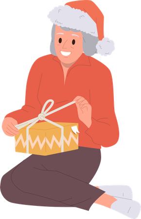 Elderly aged woman feeling happy opening wrapped gift box  Illustration