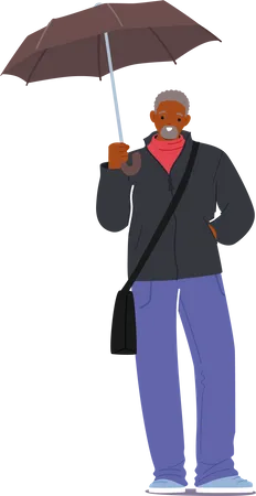 Elderly Black Gentleman Character Dressed In Cozy Autumn Attire Holding An Umbrella To Shield From Rain Classic Style And Warmth Radiate From His Outfit Cartoon People Vector Illustration Illustration