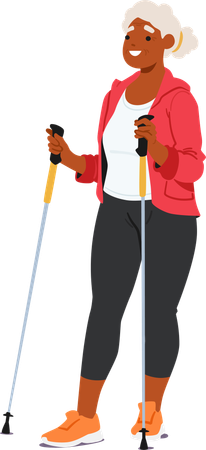 Elderly Black Woman in Sportswear Walking With Nordic Poles  Illustration