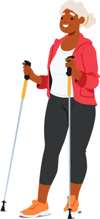 Elderly Black Woman in Sportswear Walking With Nordic Poles  Illustration