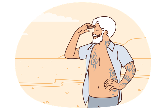 Elderly brutal man standing on beach in unbuttoned shirt and looks in distance enjoying life  Illustration