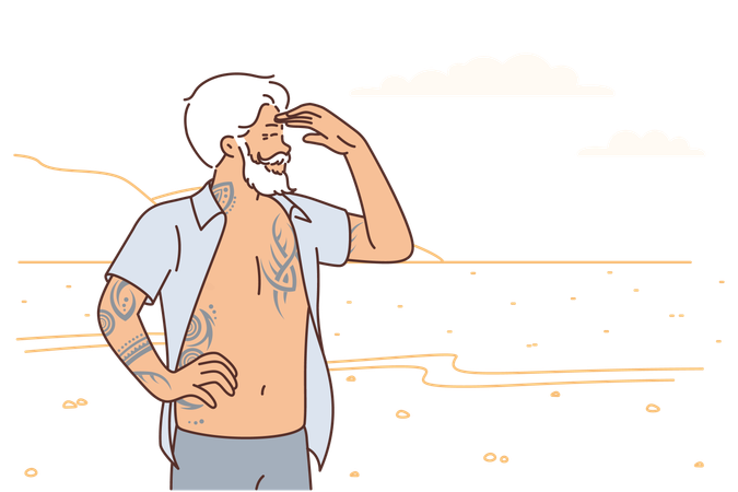 Elderly brutal man stands on beach  Illustration