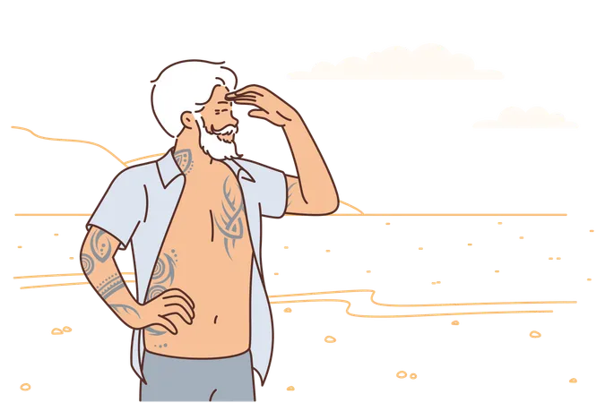 Elderly brutal man stands on beach  Illustration