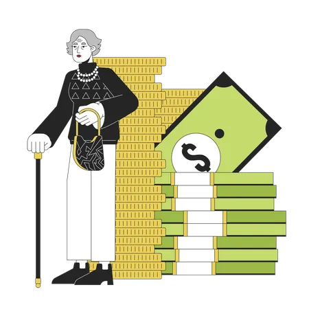 Elderly Businesswoman Accumulating Money Flat Line Concept Vector Spot Illustration Old Rich Woman 2 D Cartoon Outline Character On White For Web UI Design Editable Isolated Color Hero Image Illustration