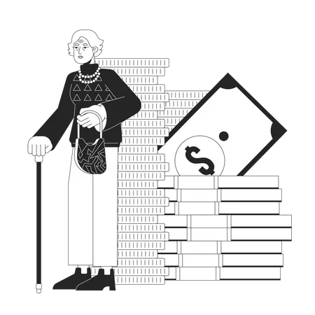 Elderly Businesswoman Accumulating Money Bw Concept Vector Spot Illustration Woman With Walking Stick 2 D Cartoon Flat Line Monochromatic On White For Web UI Design Editable Isolated Color Hero Image Illustration