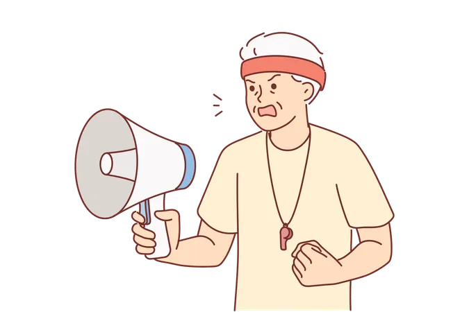 Elderly Coach With Megaphone In Hands Nervously Shouts Out Motivational Words For Athletes Aggressive Sports Coach With Whistle Around Neck Works As Mentor Of Football Or Basketball Team 일러스트레이션
