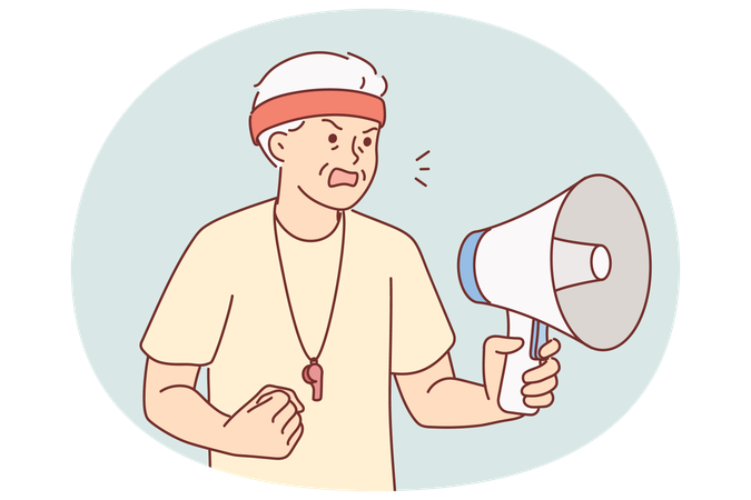 Elderly coach with megaphone in hands nervously shouts out motivational words for athletes  Illustration