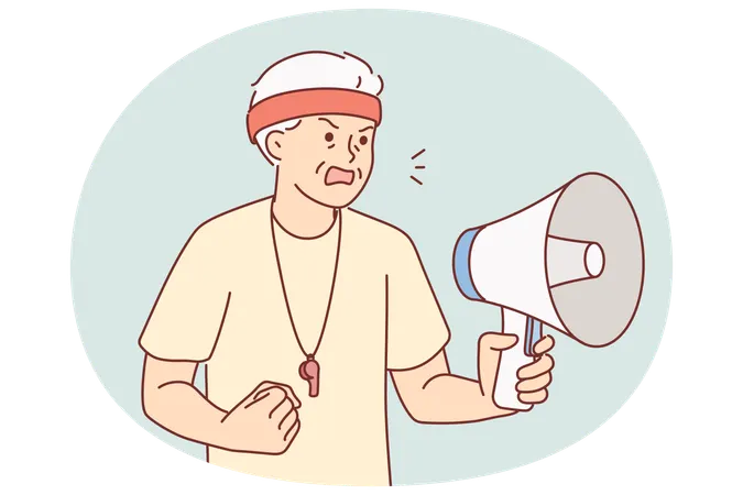 Elderly coach with megaphone in hands nervously shouts out motivational words for athletes  Illustration