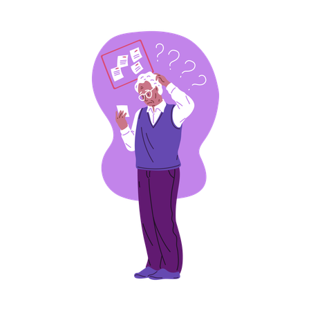 Elderly confused man reads notes and trying remember  Illustration