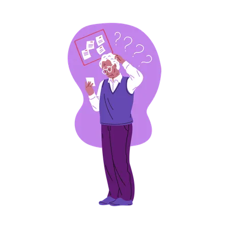 Elderly confused man reads notes and trying remember  Illustration