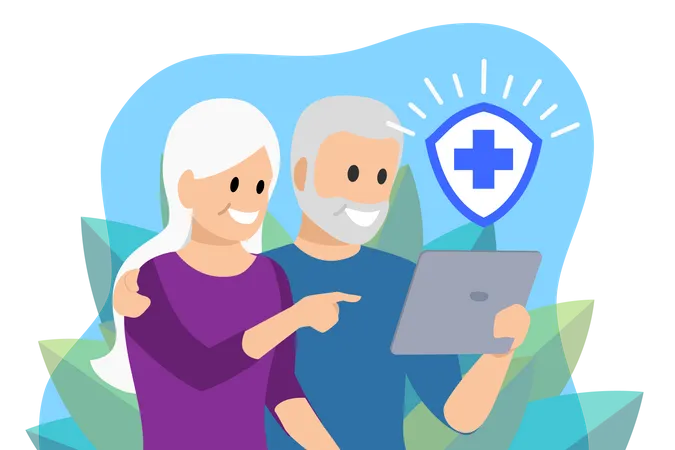 Elderly Couple View Life Insurance Information From Tablet Vector Illustration Illustration