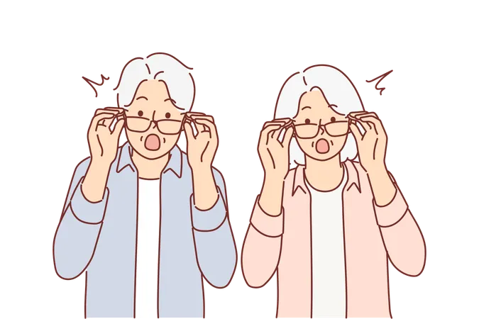 Elderly Surprised Couple Takes Off Glasses And Looks At Screen After Learning About Big Promotions And Sales For Shopping Surprised Grandparents Shout Wow And Feel Excited About Unexpected News Illustration