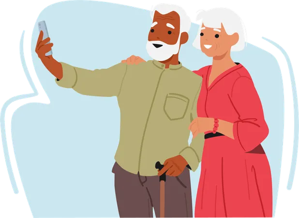 Elderly Couple Characters Joyfully Embracing Technology Smiles At A Smartphone Capturing A Selfie Moment Together Their Faces Alight With Happiness And Curiosity Cartoon People Vector Illustration Illustration