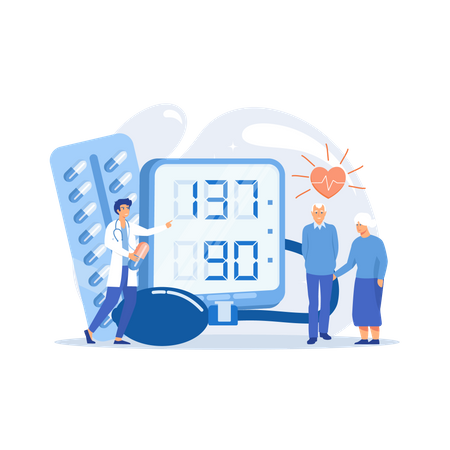 Elderly couple at tonometer High blood pressure  Illustration