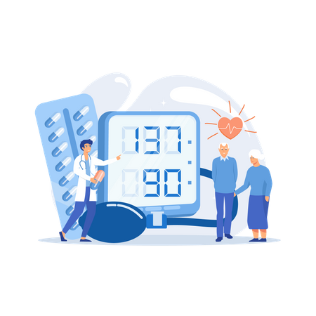 Elderly couple at tonometer High blood pressure  Illustration