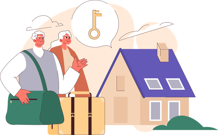 Elderly couple back to home from trip  Illustration