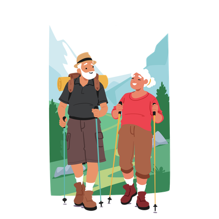 Elderly Couple Characters Engaging In Nordic Walking Activities  Illustration