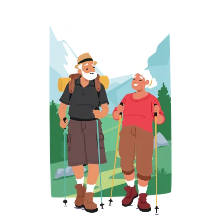 Elderly Couple Characters Engaging In Nordic Walking Activities  Illustration