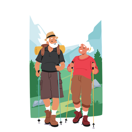 Elderly Couple Characters Engaging In Nordic Walking Activities  Illustration