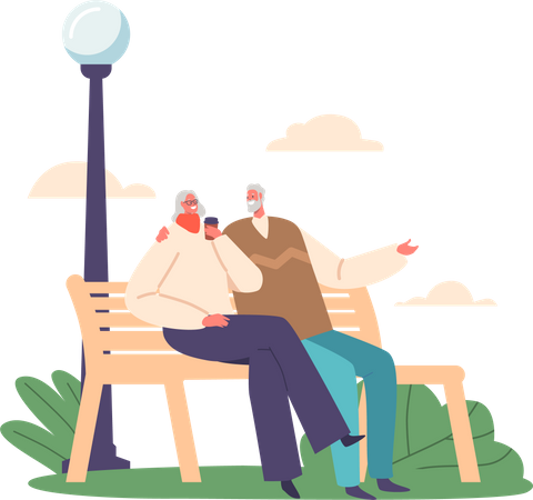 Elderly Couple Characters Enjoying A Moment Together On A Park Bench  イラスト